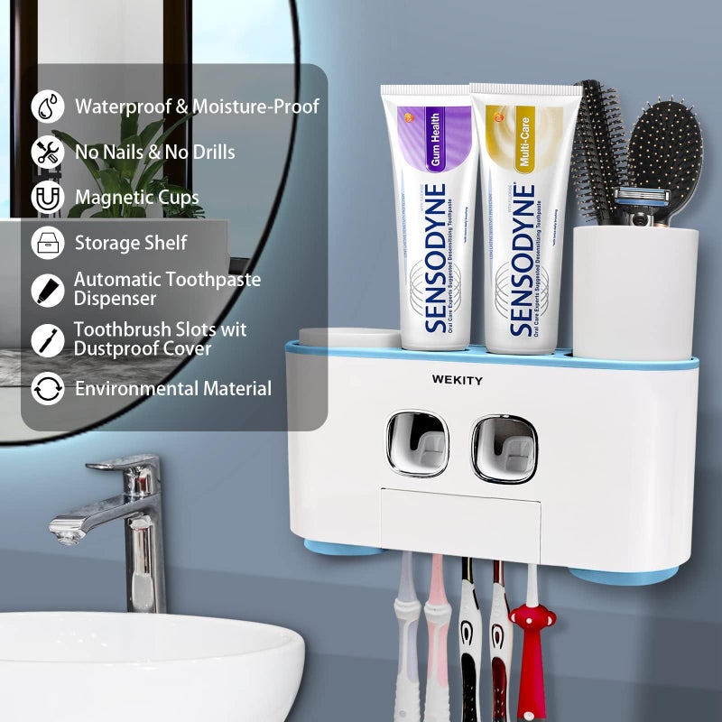 Wekity Toothbrush Holder Wall Mounted, WEKITY Multi-Functional Toothbrush and Toothpaste Dispenser for Bathroom, with 5 Toothbrush Slots, 2 Toothpaste Squeezers and 4 Cups(Blue) - Image 2